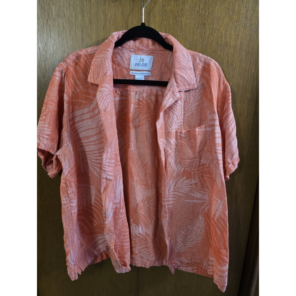 28 Palms 55% Silk 45% Linen Hawaiian Style Shirt Coral‎ Men's L Pre-owned